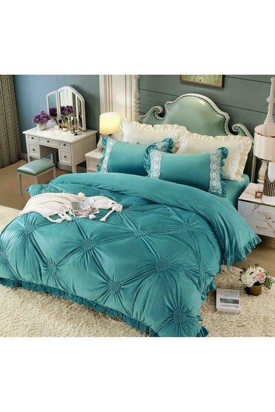 OEM Luxury Bedding Set 4 Pieces Velvet with Embroidered Hearts, MS STAR, Turquoise