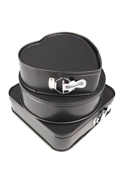 OEM Set x 3 Cake Pans - Heart, Square, Round, Detachable Base, Dimensions 22 cm, 24 cm, 26 cm, Black