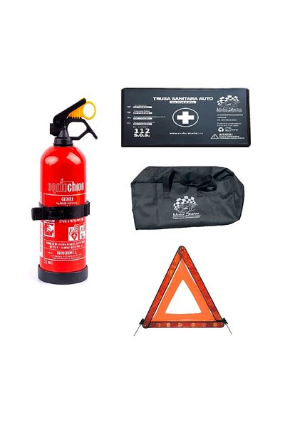 motor starter Kit siguranta auto omologat R.A.R. - Stingator P1, Trusa Medicala, Geanta, Triunghi reflectorizant