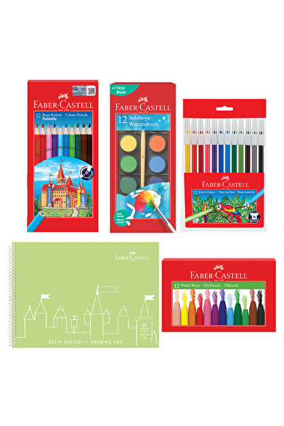 Faber Castell Painting Set and 25X35 Painting Notebook – with Water, Pastel, Felt, Dry Paint (Mixed Colors Sent)