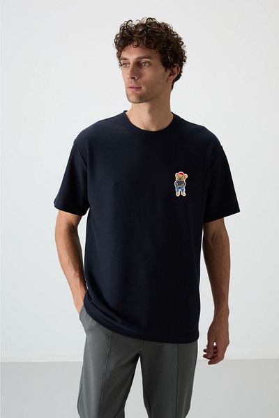CNT Tricou oversize pentru bărbați cu decolteu 100% bumbac, model confortabil, cu detaliu ursuleț de pluș - tricou de bază zilnic