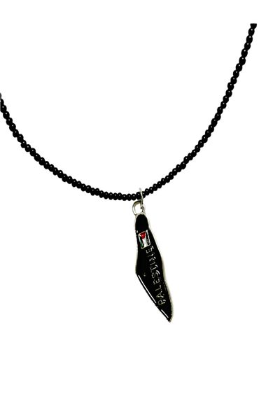 Zaytoon Black Beaded Handmade Palestine Map Unisex Palestine Necklace 40 cm J300009