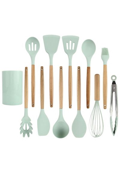 OEM Set ustensile bucatarie, 12 piese, Lemn si Silicon Alimentar, Termorezistente, Antiaderente, Suport,