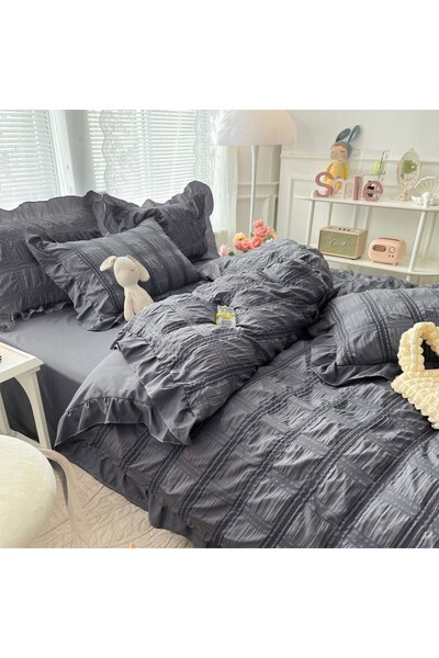 JOJO HOME Double bed creped bed linen, fine fabric, 6 pcs, CRP-18, dark gray, 155 x 230