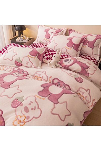JOJO HOME Cocolino 1 Person Bedding Set With Elastic, 4 Pieces, Teddy Bear and Raspberry