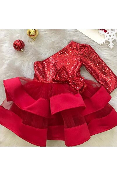 sara tasarım Christmas 3 yaş saten - payetli elbise - yılbaşı kız çocuk kırmızı elbise