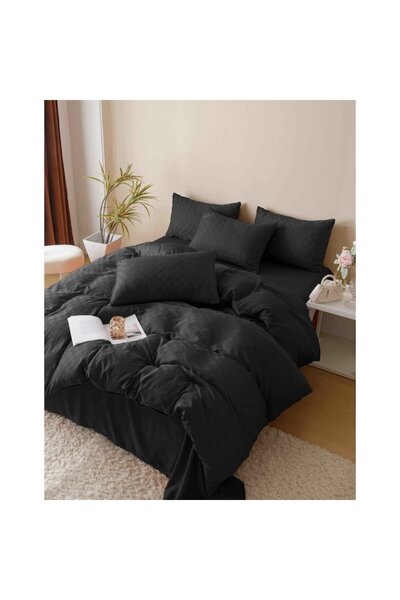 JOJO HOME Set Lenjerie de pat, Jojo Home, JQF6, bumbac jacquard finet premium, uni, 2 persoane, 6 piese, negru