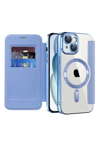SKYDDAR INNOVATION Husă pentru iPhone 15, SmartMag Book, Magsafe, RFiD, suport pentru card, set de autocolante, albastră