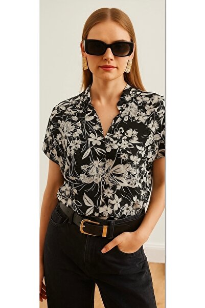 SheLoria Women's Black and White Floral Viscose Bat Shirt