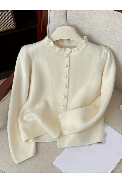 Ugdelia Women's Ruffled Pearl Soft Textured Knitwear Cardigan