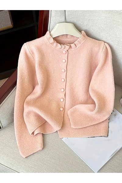 Ugdelia Women's Ruffled Pearl Soft Textured Knitwear Cardigan