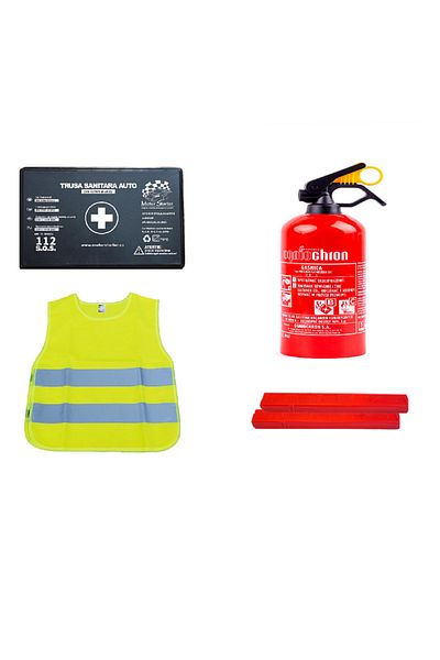 motor starter Kit siguranta auto valabilitate 5 ani, Trusa medicala, Stingator cu pulbere, 2x Triunghi, Vesta refl