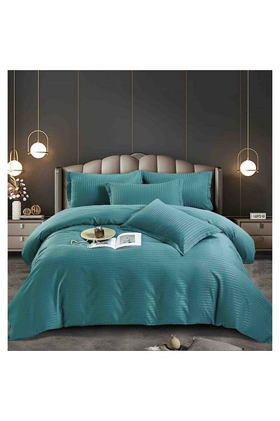 Lenjeria Pufoasa Double Bed Linen with Elastic Damask Finet Deluxe Premium, 6 Pieces, Turquoise
