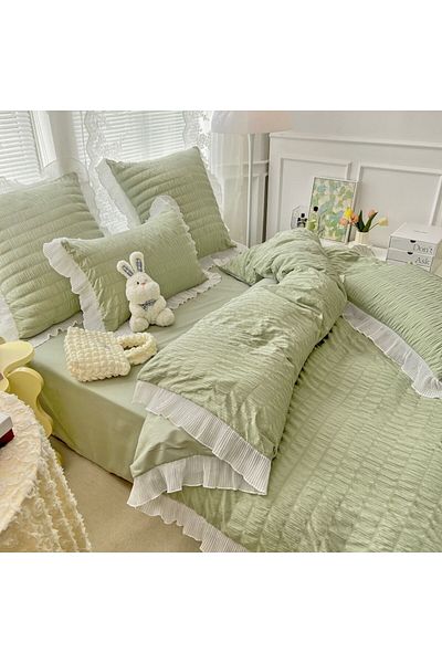 JOJO HOME Double Bed Crinkled Cotton Bedding Set, Premium, 6 Pieces, Green, 230 x 250 cm