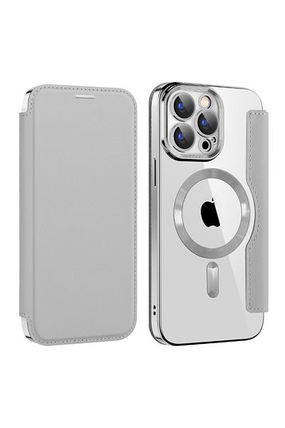 SKYDDAR INNOVATION Case for iPhone 15 Pro, SmartMag Book, Magsafe, RFiD, Card Holder, sticker set, Gray