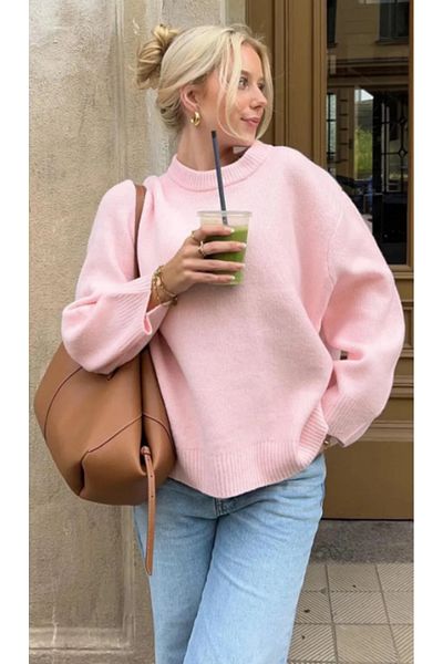 STF MODA Women's Pink Oversize Knitwear Sweater - Soft Textured Crew Neck