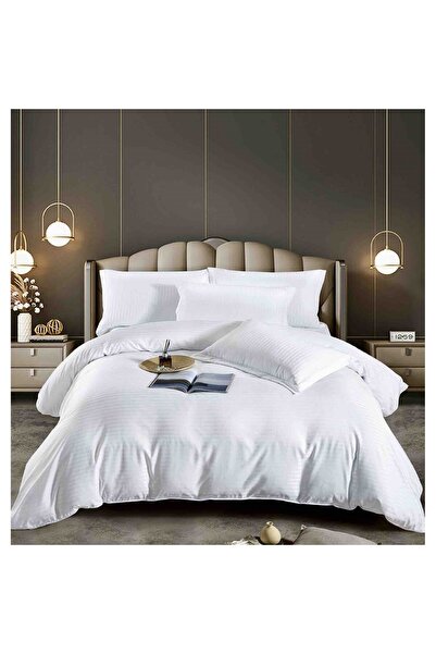 JOJO HOME Lenjerie pat dublu cu elastic Damasc Finetat Deluxe Premium, 6 Piese, Alb