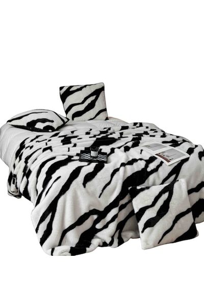 OEM Set de lenjerie de pat luxos din blană artificială de nurcă cu fermoar, MS STAR, hipoalergenic, pătură 200 x 230 cm + 2 perne