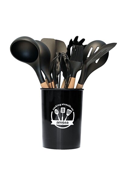 amXea 12-piece kitchen utensil set, heat-resistant silicone with wooden handles - Black