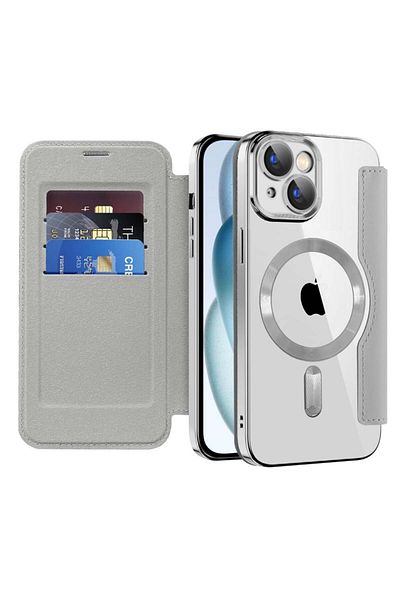 SKYDDAR INNOVATION Case for IPhone 15, SmartMag Book, Magsafe, RFiD, Card Holder, sticker set, Gray
