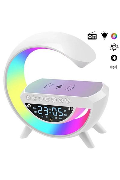 StartONTeam Lampa LED cu Ceas si Alarma, Lumini colorate, Boxa cu Bluetooth si Incarcator Wireless