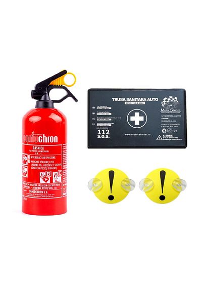 motor starter Kit siguranta auto valabilitate 5 ani, Trusa medicala, Stingator cu pulbere, Semne incepator cu vent