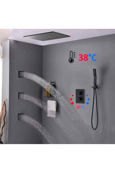 CasaVie Sistem dus incastrat in tavan cu termostat si hidromasaj, para patrata 50 cm, negru mat, 1310