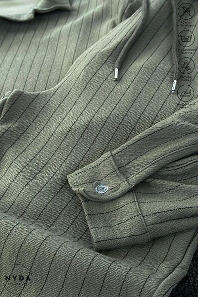 Nyda Collections Men's Crepe Fabric Striped Lycra Oversize Long Sleeve Shirt with Pockets Elastic Waist Lace-Up Trousers Set