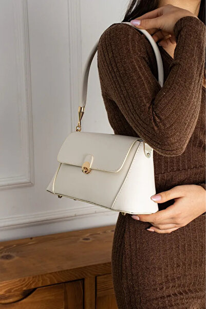 Rivina Geantă de mână și de umăr pentru femei, cremă, cu clapă – Detaliu auriu, model elegant