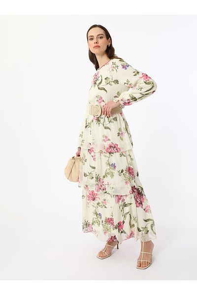 Refka Floral Printed Skirt Layered Chiffon Hijab Dress - Multi-Colored -