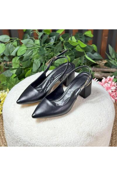 MEY Black Pointed Toe Mattress Open Back Block Heel Shoes M1127
