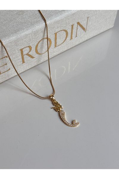 LEROSY CO Gold Color Women's Steel Necklace with Stone Detail and Mermaid Figure – Elegant and Fantastic Design