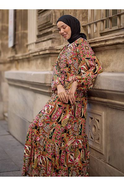 SAHRA BUTİK Flower Patterned Viscosse Dress - Black - Sahra Buti̇k