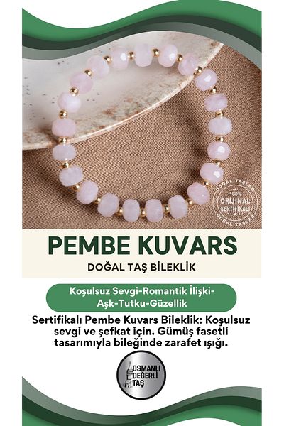 OSMANLI DEĞERLİ TAŞ Certified Pink Quartz Natural Stone Silver Faceted Bracelet