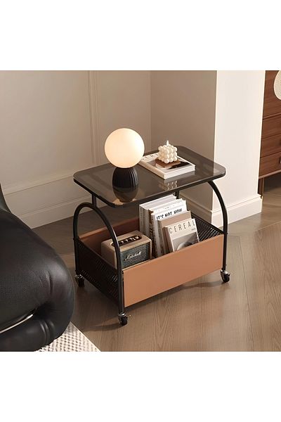 Herum Mobile coffee table, glass top, metal frame, storage space, Herum, Brown, 55 x 36 x 57 cm
