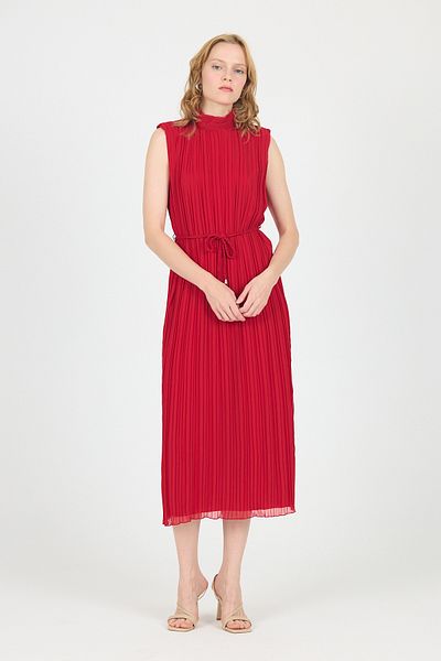 Rays Red Chiffon Sleeveless Pleated Waist Tie Midi Dress 118