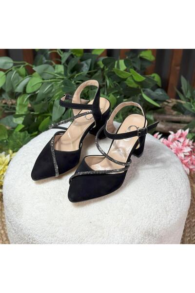 MEY Suede Stone Cross Strap Block Heel Shoes M1125