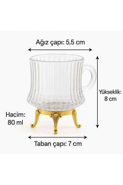 FAIR HOME Gold Metal Leg Line Pattern Glass Turkish Coffee-Espresso Cup Set – 6 Pieces
