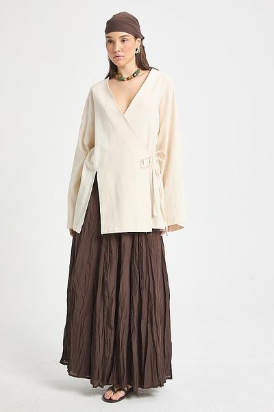 minaaise Ecru Slit Detailed Tie-Up Long 100% Cotton Kimono 29211