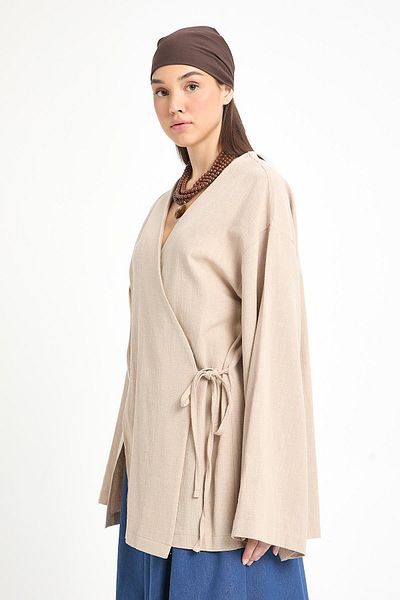 minaaise Beige Slit Detailed Tie-Up Long 100% Cotton Kimono 29211