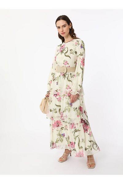 Refka Floral Printed Skirt Layered Chiffon Hijab Dress - Multi-Colored -