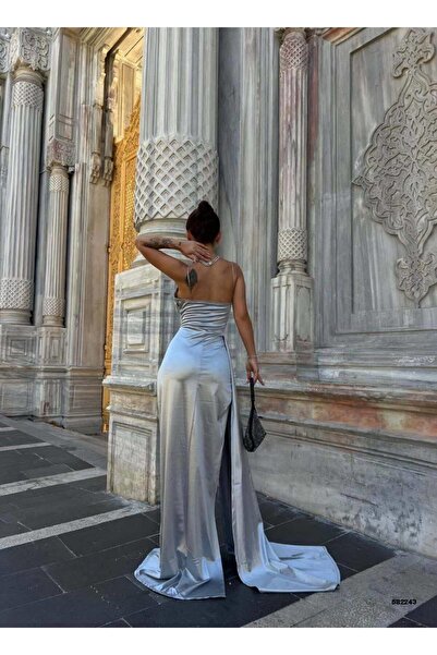 Modafeminen Thin Strap Chest Draped Satin Dress Gray 582243