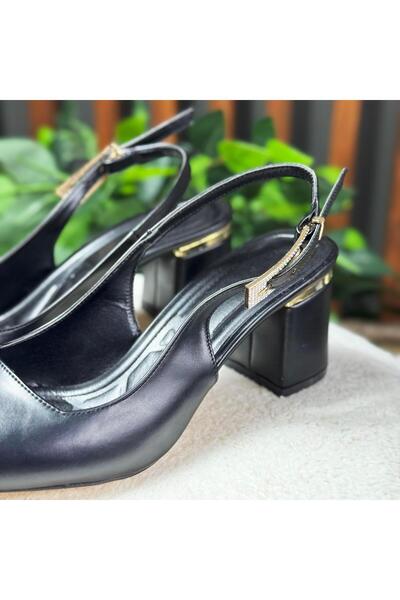 MEY Black Pointed Toe Mattress Open Back Block Heel Shoes M1127