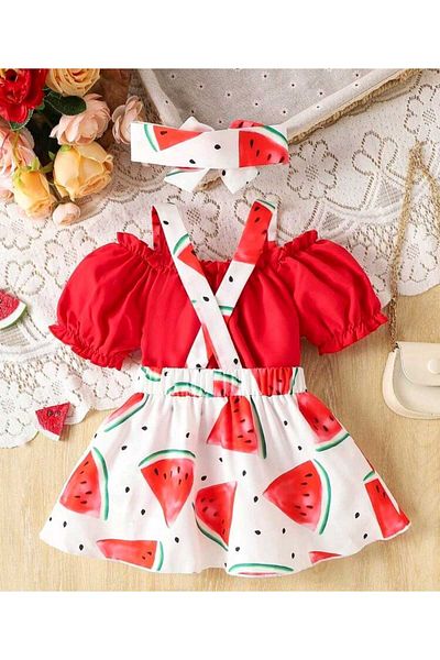 OEM 3-piece set of summer clothes for girls with watermelon print, skirt with straps + top + headband 9-12 months, 74-80 cm