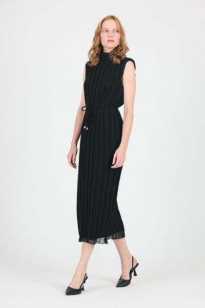 Rays Black Chiffon Sleeveless Pleated Waist Tie Midi Dress 118