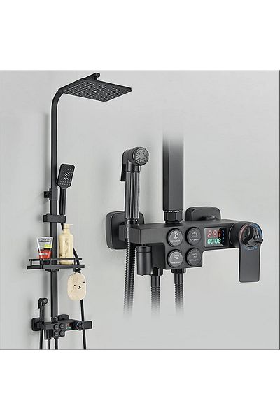 CasaVie Coloana Dus Cu Termostat Si Afisaj De Temperatura, Negru Mat, Cu Efect De Ploaie, 1544