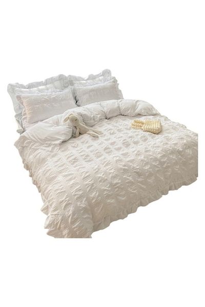 OEM Set de lenjerie de pat dublu creponat, bumbac, 6 piese pentru 2 persoane