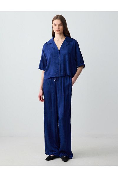 Jimmy Key Navy Blue Relaxed Fit High Waist Wide Leg Knitted Satin Trousers