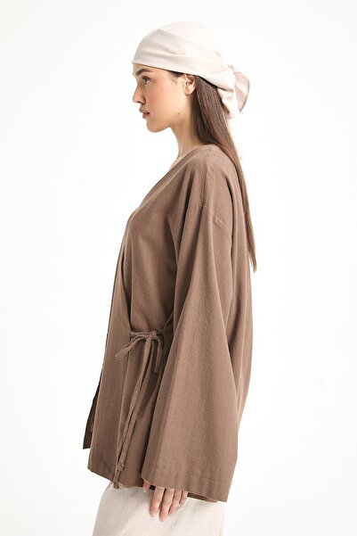 minaaise Brown Slit Detailed Tie-Up Long 100% Cotton Kimono 29211