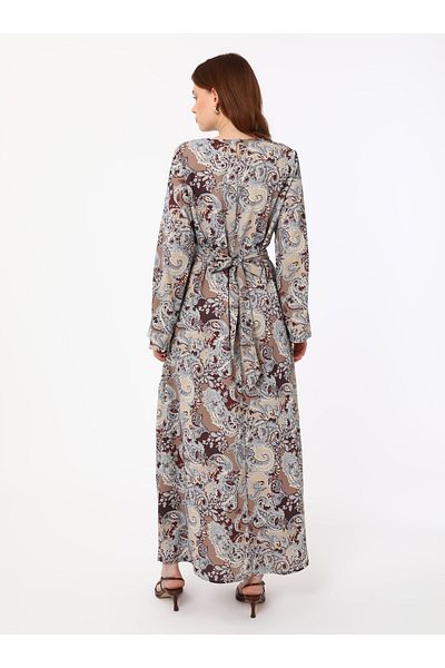 Refka Shawl Patterned Hijab Dress with Tie Detail - Blue Beige -